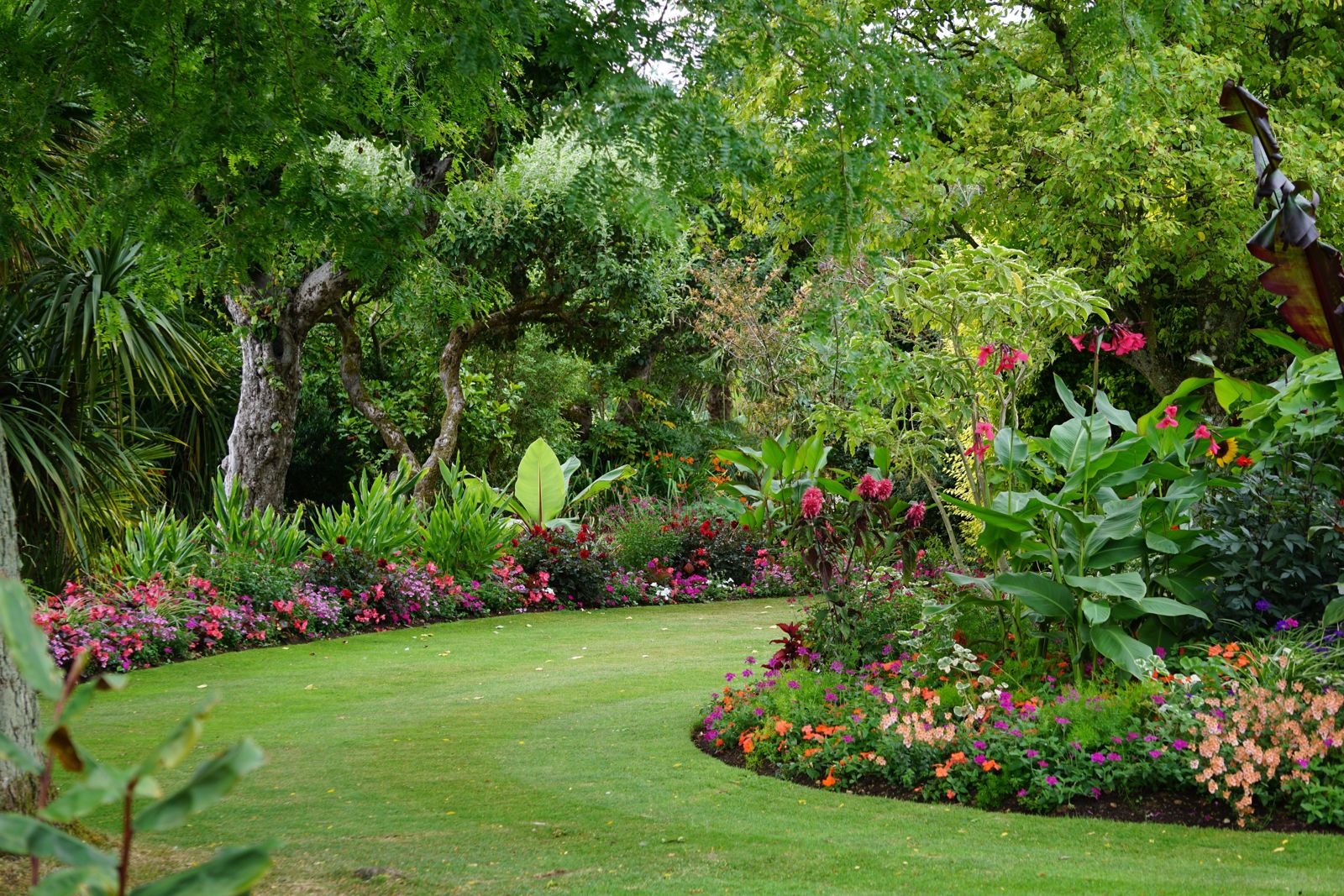 Césped curvo bordeado de macizos de flores bajo árboles