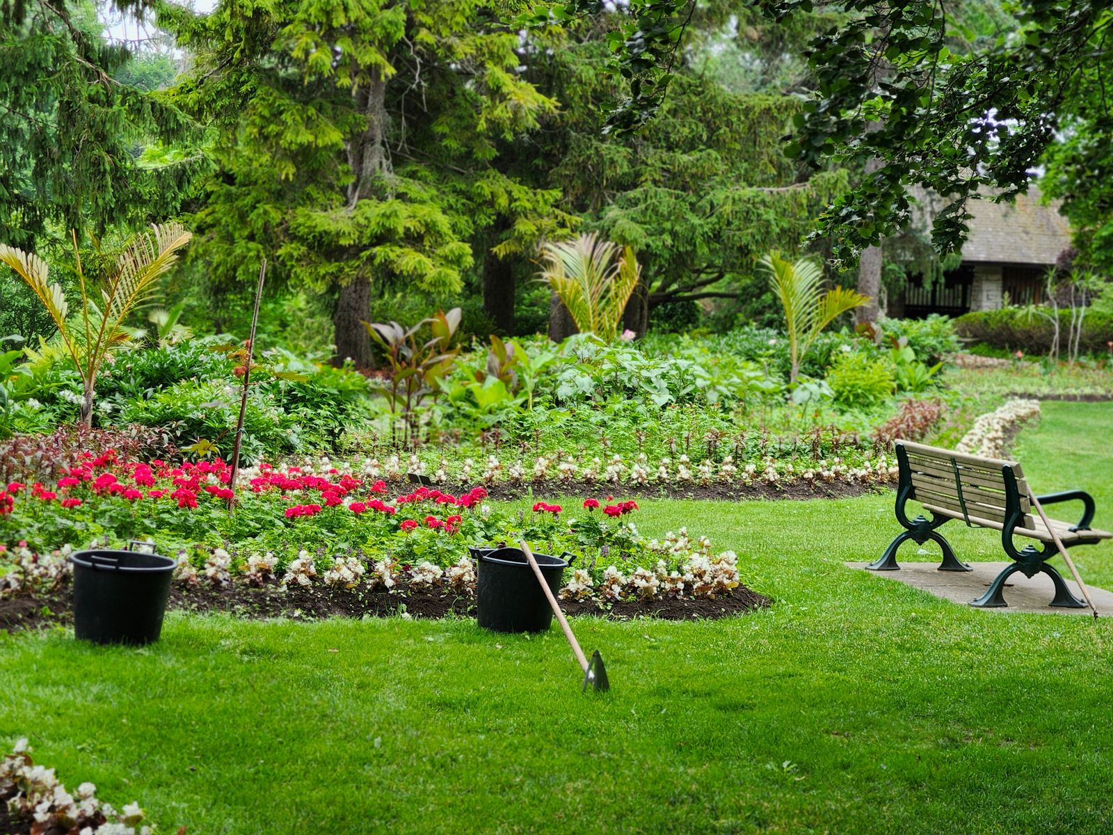 Mantención en curso de un macizo de flores, con herramientas sobre el césped